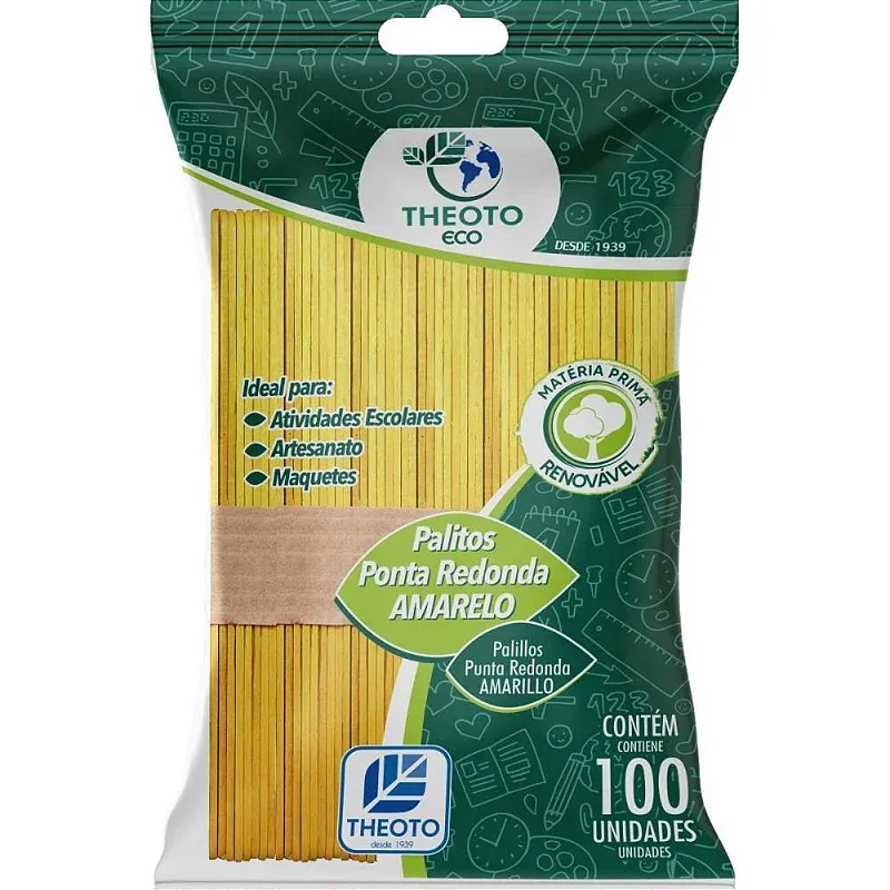 Palito De Picolé Ponta Redonda Amarelo C/ 100 Un. - Theoto Eco