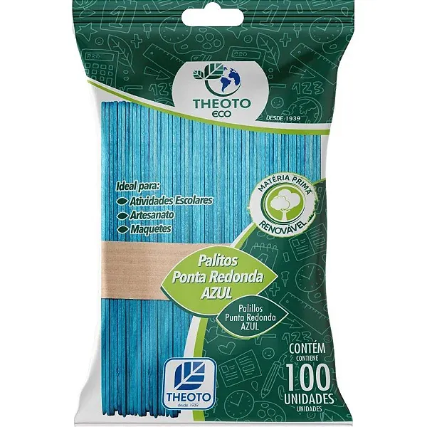 Palito De Picolé Ponta Redonda Azul C/ 100 Un. - Theoto Eco