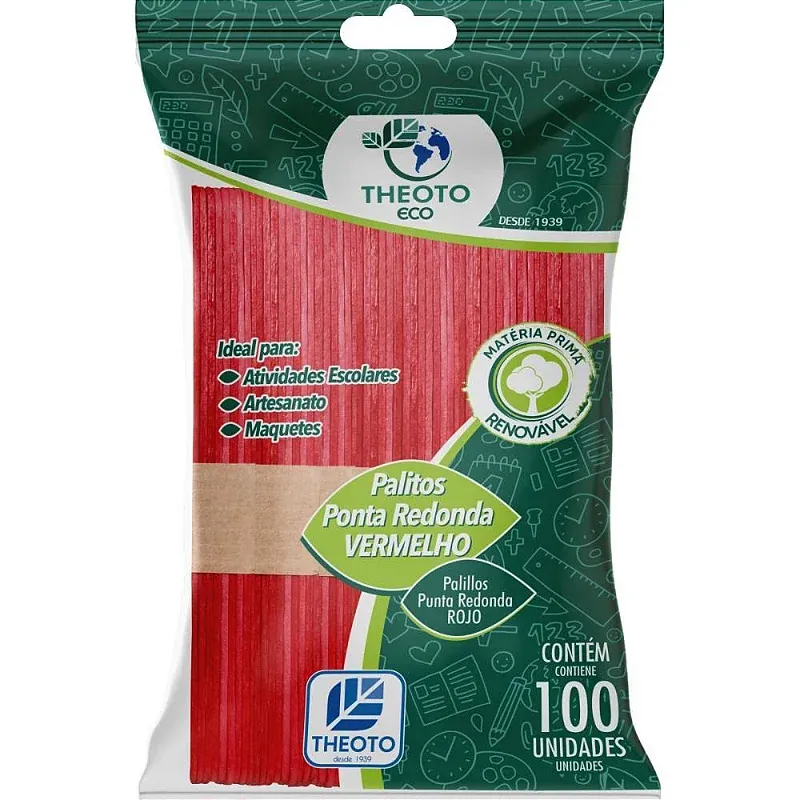 Palito De Picolé Ponta Redonda Vermelho C/ 100 Un. - Theoto Eco