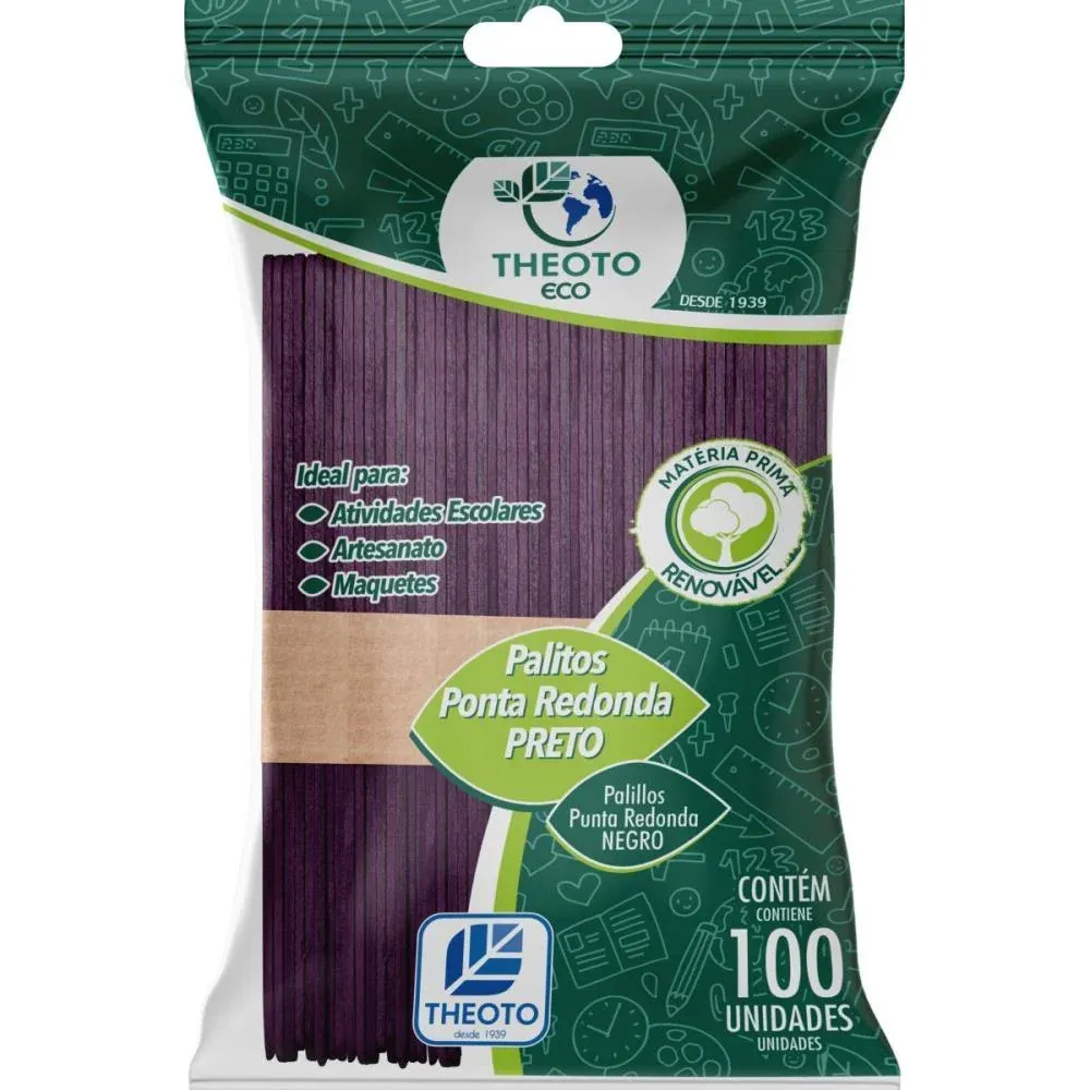 Palito De Picolé Ponta Redonda Preto C/ 100 Un. - Theoto Eco