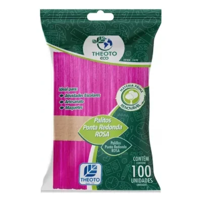 Palito De Picolé Ponta Redonda Rosa C/ 100 Un. - Theoto Eco